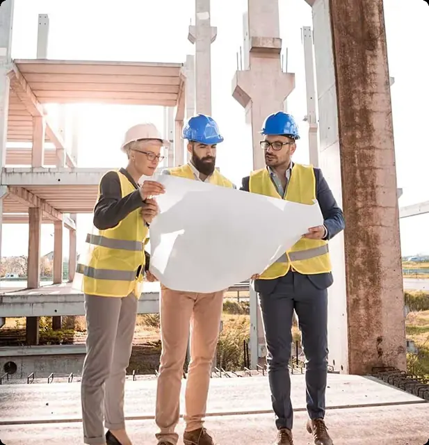 Three site engineers in hard hats reading a drawing